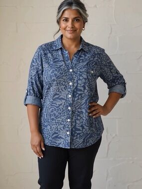 Karen Scott Denim Blue Patterned Button-Down Shirt